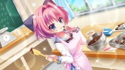  1girl apron baking baking_sheet blue_curtains blue_sailor_collar blue_skirt blue_sky bon_bon bow bowl breasts candy chalkboard chocolate chocolate_bar chocolate_icing classroom collarbone counter curtains day dutch_angle film_grain food from_side game_cg hair_bow hair_intakes hiiragi_kae holding holding_spatula icing icing_spatula indoors izumi_tsubasu large_bow large_breasts lens_flare licking_own_finger looking_at_viewer marehoshi_academy_school_uniform measuring_cup mixing_bowl non-web_source official_art pink_apron pink_hair purple_bow re:stage! sailor_collar school_uniform serafuku short_hair skirt sky solo sparkle spatula sprinkles sunlight tile_floor tiles weighing_scale window 