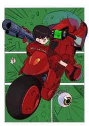  ! 1boy akira_(manga) arm_up bags_under_eyes black_hair boots border closed_mouth copyright_name emphasis_lines english_text eyeball from_above gloves highres holding holding_weapon jacket kaneda_shoutarou_(akira) looking_to_the_side male_focus motor_vehicle motorcycle nineinsweet outstretched_hand pants pill red_eyes red_footwear red_gloves red_jacket red_pants short_hair solo speech_bubble weapon white_border 