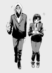  +++ 1boy 1girl :d artist_name blazer business_suit chainsaw_man collared_shirt food furrowed_brow grey_background hair_ornament hairclip higashiyama_kobeni highres holding holding_food holding_ice_cream hood hood_up ice_cream ice_morinaka jacket long_sleeves lower_teeth_only mole mole_under_eye mole_under_mouth monochrome multiple_moles necktie open_mouth pants plague_doctor_mask shirt shoelaces shoes short_hair simple_background smile sparkle suit tears teeth violence_fiend_(chainsaw_man) 