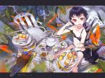  bird black_bra black_hair black_panties bra cake chair cupcake el-zheng food highres houjuu_nue jewelry lingerie long_hair navel necklace open_mough open_mouth panties polearm red_eyes snake solo spoon strap_slip tea_kettle tea_party tea_set tea_stand teapot touhou trident underwear underwear_only weapon 