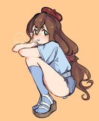  1girl blush brown_hair full_body ghosty_entity green_eyes green_shirt green_shorts green_socks hat iris_(mega_man) long_hair looking_at_viewer mega_man_(series) mega_man_x_(series) mouth_hold orange_background red_hat shirt shorts simple_background socks solo 