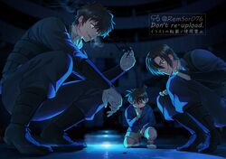  3boys ascot black_hair blazer blood blood_stain blue_eyes blue_jacket bow bowtie brown_hair bulletproof_vest child commentary_request crime_scene dated_commentary edogawa_conan glasses gloves grey_shorts grin hagiwara_kenji hand_on_own_chin holding holding_removed_eyewear jacket looking_down looking_to_the_side male_focus matsuda_jinpei meitantei_conan multiple_boys on_one_knee police red_bow red_bowtie red_footwear remsor076 shoes shorts signature smile smirk smoking sneakers squatting sunglasses twitter_username unworn_eyewear violet_eyes white_ascot white_gloves 