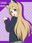  animal_ears blonde_hair blue_eyes blush character_name from_behind ikari_manatsu k-on! kotobuki_tsumugi paw_pose school_uniform skirt solo 