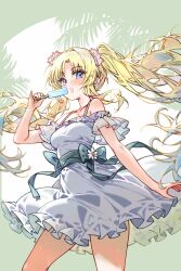  1girl :o blonde_hair blue_eyes blue_hair blush breasts collarbone commentary_request cowboy_shot dress floating_hair flower food frilled_dress frills gradient_hair green_background hair_flower hair_ornament highres hinoshita_mizuchinon holding holding_food holding_popsicle light_blue_hair link!_like!_love_live! long_hair love_live! medium_breasts multicolored_hair off-shoulder_dress off_shoulder open_mouth osawa_rurino palm_tree parted_bangs pink_flower popsicle short_dress solo sweat tree twintails two-tone_background very_long_hair virtual_youtuber white_background white_dress 