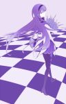  akemi_homura bouquet checkered checkered_floor enseisong flower from_behind glasses hairband high_heels holding holding_glasses long_hair looking_back magical_girl mahou_shoujo_madoka_magica monochrome pantyhose parted_lips purple shield shoes solo 