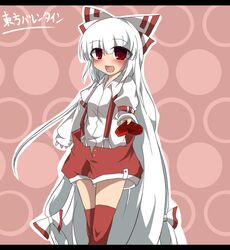  adapted_costume bow fujiwara_no_mokou gift hair_bow heart kuroyanagi_hiroshi long_hair red_eyes ribbon shorts smile solo suspenders touhou valentine very_long_hair white_hair 