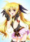  black_gloves blonde_hair blush diesel-turbo fate_testarossa gloves hair_ribbon long_hair lyrical_nanoha mahou_shoujo_lyrical_nanoha mahou_shoujo_lyrical_nanoha_the_movie_1st open_mouth red_eyes ribbon smile solo thigh-highs thighhighs twintails v very_long_hair 