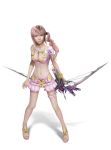  3d absurdres alternate_costume bikini blue_eyes bow_(weapon) breasts cleavage crossbow female final_fantasy final_fantasy_xiii final_fantasy_xiii-2 full_body garters highres jewelry long_hair navel official_art open_shoes pendant pink_hair sandals serah_farron shadow shorts side_ponytail simple_background solo standing swimsuit weapon white_background 