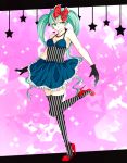  bare_shoulders dress gloves green_eyes green_hair hatsune_miku high_heels jewelry long_hair necklace shoes smile solo star striped striped_legwear thigh-highs thighhighs twintails unmoving_pattern vertical-striped_legwear vertical_stripes very_long_hair vocaloid zumi_(mono_sky) 