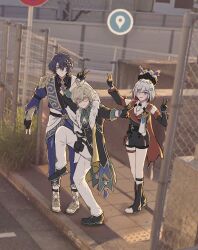  1girl 2boys ;d ancient_greek_clothes aqua_shirt armor arms_up artist_name asymmetrical_gloves aventurine_(honkai:_star_rail) black_collar black_footwear black_gloves black_jacket black_shirt black_unitard black_vest blonde_hair blue_pants blush boots bracelet buttons cape chain-link_fence cleavage_cutout closed_mouth clothing_cutout coattails collar collared_shirt colored_inner_hair crossed_bangs day detached_sleeves double_v dr._ratio_(honkai:_star_rail) earpiece earrings elbow_gloves expressionless eyelashes fence fingerless_gloves fur-trimmed_jacket fur_trim gem glasses gloves gold_trim google_street_view greco-roman_clothes hair_between_eyes hair_intakes hair_ornament half_gloves hands_up hashtag-only_commentary high_school_girls_posing_for_google_street_view_(meme) highres honkai:_star_rail honkai_(series) jacket jewelry lapels leg_up long_sleeves meme multicolored_eyes multicolored_hair multiple_boys multiple_rings neck_tattoo nirvelia numby_(honkai:_star_rail) on_head one_eye_closed open_clothes open_jacket open_mouth pants parted_bangs pauldrons photo_background posing pouch purple-tinted_eyewear purple_gemstone purple_hair raised_curb red_cape red_eyes red_ribbon redhead ribbon ring road_sign sandals shirt shoes short_hair shoulder_armor sign single_detached_sleeve single_earring single_elbow_glove single_pauldron sleeveless sleeveless_shirt sleeves_rolled_up smile standing standing_on_one_leg streaked_hair tactile_paving tattoo thigh_pouch thigh_strap tinted_eyewear topaz_(honkai:_star_rail) trotter_(honkai:_star_rail) twitter_username uneven_gloves unitard v vambraces vest violet_eyes white_hair white_pants white_shirt wing_collar yellow-framed_eyewear yellow_eyes 