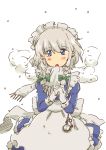  blue_eyes braid breath gloves hands_clasped izayoi_sakuya key maid maid_headdress non_(z-art) perfect_cherry_blossom pocket_watch scarf silver_hair simple_background snow solo touhou twin_braids watch 