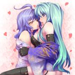  ahoge ass blue_eyes blue_hair blush green_hair heart highres japanese_clothes kimono long_hair multiple_girls open_mouth original red_eyes side_ponytail symbol-shaped_pupils thigh-highs thighhighs tro yuri 