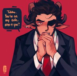  1boy animal_ear_piercing animal_ears beard black_jacket black_suit brown_hair commentary dream_smp english_commentary english_text facial_hair highres horns jacket jitome jschlatt lapstle looking_at_viewer male_focus minecraft_youtube necktie own_hands_together red_background red_eyes red_necktie sheep_boy sheep_ears sheep_horns short_hair solo speech_bubble suit 