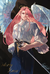  1boy alternate_species androgynous angel animification ascot astralcat_qwq bishounen black_pants black_sclera chinese_commentary colored_sclera commentary_request cowboy_shot dream_smp english_text feathered_wings formal frilled_sleeves frills halo highres holding holding_sword holding_weapon humanization long_hair long_sleeves looking_to_the_side male_focus merry_christmas minecraft_youtube no_headwear painterly pants pink_hair pointy_ears rapier red_eyes shirt signature solo standing sword technoblade very_long_hair weapon white_ascot white_shirt white_wings wings yellow_halo 