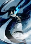  black_hair black_rock_shooter black_rock_shooter:_innocent_soul black_rock_shooter_(character) blue_eyes foreshortening glowing glowing_eyes highres long_hair open_mouth rin_(royal) skirt solo sword thigh-highs thighhighs twintails weapon 