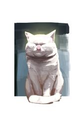  absurdres animal animal_focus border brother_calm cat closed_eyes commentary english_commentary full_body hello_street_cat highres no_humans painterly real_life sitting tail whiskers white_border white_cat zela_kantal 