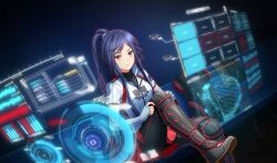  1girl baseball_uniform black_footwear black_pants black_undershirt blue_hair chest_protector cinderella_series closed_mouth dutch_angle elbow_gloves fingerless_gloves foot_out_of_frame game_cg gloves grey_gloves hachigatsu_no_cinderella_nine high_ponytail highres indoors inui_kei_(hachigatsu_no_cinderella_nine) long_hair non-web_source official_art on_bench pants pants_under_skirt red_eyes red_shirt shin_guards shirt shirt_under_shirt short_sleeves sidelocks sitting solo sportswear striped_clothes striped_shirt v-shaped_eyebrows vertical-striped_clothes vertical-striped_shirt white_shirt 