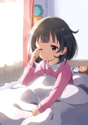  1girl absurdres black_hair blush brown_eyes buchi_(y0u0ri_) closed_mouth curtains highres idolmaster idolmaster_million_live! idolmaster_million_live!_theater_days indoors long_sleeves looking_at_another messy_hair morning nakatani_iku on_bed one_eye_closed pajamas pink_pajamas polka_dot polka_dot_pajamas rubbing_eyes short_hair sleepy solo stuffed_animal stuffed_panda stuffed_toy sunlight teddy_bear window 