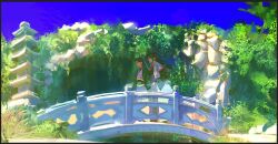  2boys architecture bindi black_hair black_hanfu blue_sky bridge chinese_clothes east_asian_architecture foliage full_body green_eyes green_hanfu green_ribbon hair_bun hanfu highres hotae long_hair long_sleeves luo_binghe multiple_boys nature open_mouth outdoors pagoda plant red_eyes renzha_fanpai_zijiu_xitong ribbon ribboned_xiao_guan rock shen_qingqiu sky standing stone_bridge wide_sleeves xiao_guan_(headdress) 