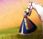  afjc ahoge armor armored_dress blonde_hair dress fate/stay_night fate_(series) faulds field gauntlets hair_ribbon horse ribbon saber solo sunset 