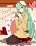  2012 bad_id cup dated green_eyes green_hair happy_valentine hat hatsune_miku heart hinokuraomi long_hair mug pantyhose seiza sitting skirt solo valentine very_long_hair vocaloid 