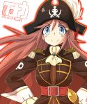  belt blue_eyes blush blush_stickers cape cravat epaulettes hair_ornament hairclip hand_on_hip hands_on_hips hat hat_feather hips inaka_keikou katou_marika long_hair miniskirt_pirates pink_hair pirate pirate_hat skull_and_crossbones smile solo 