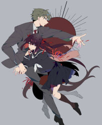 1boy 1girl black_hair black_serafuku formal grey_hair hair_ribbon highres himeno_mikoto himuro_hitoshi kaii_shoukougun long_hair necktie red_necktie red_ribbon ribbon school_uniform serafuku short_hair suit yuda_nappa 