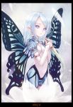  armlet blue_eyes blue_hair bodysuit border butterfly_wings dagger detached_sleeves fairy frills holding kiran nail_polish original pointy_ears puffy_sleeves short_hair shorts solo text weapon windowboxed wings 