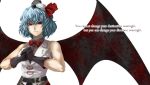  adult alternate_costume bare_shoulders bat_wings belt black_gloves bowtie cross english fang gloves hat hat_ribbon lavender_hair light_smile muchakushoku palm-fist_greeting red_eyes remilia_scarlet ribbon short_hair simple_background sleeveless solo text touhou white_background wings 