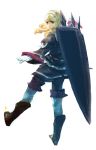  blonde_hair boots from_behind frontier_gate looking_back shield solo topple watanabe_minoru white_background 