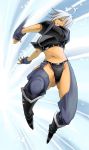  ahoge angel_(kof) blue_eyes bolero boots chaps cropped_jacket fingerless_gloves gloves king_of_fighters midriff navel saturn-freak short_hair snk solo speed_lines tan white_hair 