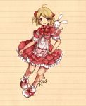  ahoge apron arie_(lovelipop) bad_id blonde_hair bobby_socks bow curtsey dress footwear frilled_apron grey_eyes highres polka red_dress ribbon sepia_background shawl shoes short_hair smile socks solo trusty_bell young 