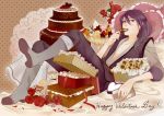  black_eyes black_hair boots box brown_background cake checkerboard_cookie chocolate chocolate_heart coat cookie dessert doily flower food fruit heart highres long_hair male orange pants pocky polka_dot polka_dot_background pudding red_rose ribbon rose skimpy08 solo strawberry tales_of_(series) tales_of_vesperia tokimura_(cuore) valentine yuri_lowell 