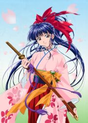  1girl abstract_background adapted_costume blue_hair blue_sash bow breasts brown_eyes brown_gloves charm_(object) closed_mouth cowboy_shot dark_blue_hair fingernails floating_hair floral_print_kimono floral_print_sleeves gloves gradient_background hair_bow hakama hakama_skirt half_updo high_ponytail holding holding_sheath japanese_clothes katana kimono long_hair long_sidelocks long_skirt long_sleeves looking_at_viewer medium_breasts nakajima_atsuko name_connection non-web_source obi obijime object_namesake official_art pink_kimono pink_petals pink_sleeves ponytail red_bow red_hakama retro_artstyle ribbon sakura_taisen sash sega sheath sheathed shinguuji_sakura sidelocks simple_background skirt smile solo sword tassel two-tone_background weapon wide_sleeves yellow_ribbon 