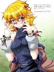  alternate_costume arm_warmers bare_shoulders bespectacled blonde_hair breasts glasses green_eyes large_breasts mizuhashi_parsee ootsuki_wataru pointy_ears ribbed_sweater short_hair solo sweater touhou turtleneck turtleneck_sweater 