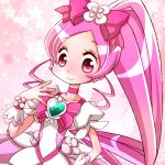  :&gt; bow brooch choker cure_blossom hair_bow hanasaki_tsubomi heart heartcatch_precure! hiyopuko jewelry long_hair magical_girl pink pink_background pink_eyes pink_hair ponytail precure ribbon skirt smile solo wrist_cuffs 