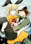  animal_ears bad_id barnaby_brooks_jr birthday blonde_hair brown_eyes brown_hair bunny_ears cabbie_hat carrying costume facial_hair glasses green_eyes halloween happy_birthday hat kaburagi_t_kotetsu kemonomimi_mode male mizuame_(b-rangers) multiple_boys necktie princess_carry pumpkin stubble stuffed_animal stuffed_bunny stuffed_toy tiger_&amp;_bunny vest waistcoat wink 