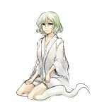  ghost ghost_tail green_hair grey_eyes kitayuki_kajika kneeling no_hat no_headwear robe short_hair sitting soga_no_tojiko solo touhou 