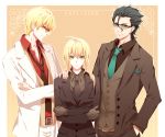  2boys ahoge black_gloves black_hair blonde_hair crossed_arms fate/zero fate_(series) formal gilgamesh gloves green_eyes hand_on_shoulder lancer_(fate/zero) mole multiple_boys necktie pant_suit payot red_eyes saber srb7606 suit sunglasses title_drop yellow_eyes 