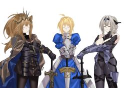 arknights armor closed_eyes fate/stay_night fate_(series) long_hair multiple_girls pose saber saber_(fate) sword voice_actor_connection weapon