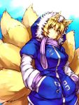  :&lt; adapted_costume alternate_costume animal_ears blonde_hair breasts fox_ears fox_tail hands_in_pockets hood jacket multiple_girls multiple_tails no_hat no_headwear scarf short_hair solo tail temmasa22 touhou winter_clothes yakumo_ran yellow_eyes 