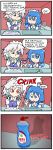  4koma alternate_costume blue_eyes blue_hair bottle bow braid cirno clumsy comic cup detergent drawfag enmaided fairy finnish hair_bow idiot izayoi_sakuya kitchen maid maid_headdress multiple_girls pun red_eyes setz silver_hair touhou translated twin_braids wings 