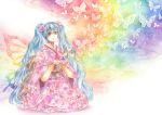  aqua_eyes aqua_hair butterfly butterfly_wings flower fuu_(goingmyway421) hair_flower hair_ornament hatsune_miku highres japanese_clothes kimono long_hair rainbow sitting smile solo traditional_media twintails very_long_hair vocaloid wings 