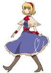  alice_margatroid blonde_hair blue_eyes boots bow capelet dress hairband high_heels non_(z-art) shoes short_hair simple_background smile solo touhou walking wristband 