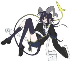  1boy antenna_hair asymmetrical_legwear azuma_shino black_footwear black_hair black_tail blue_shorts bow braid cross demon_boy demon_horns demon_tail gradient_tail hair_bow hair_ornament horns open_mouth original otoko_no_ko protected_link shoes shorts side_braid solo sunny_(azuma_shino) tail two-tone_tail very_long_sleeves very_long_tail white_background x_hair_ornament yellow_bow yellow_tail 