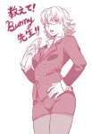  barnaby_brooks_jr chinjuu_hibakichi formal genderswap glasses hand_on_hip highres hips monochrome office_lady pantyhose short_hair skirt_suit solo suit tiger_&amp;_bunny translated translation_request 