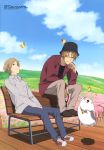  absurdres brown_eyes butterfly cat flower glasses hat highres male glasses multiple_boys natori_shuichi natori_shuuichi natsume_takashi natsume_yuujinchou nyanko short_hair smile 