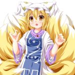  arms_up bad_id blonde_hair blush dress fox_tail hat hat_with_ears highres kmkm9696 multiple_tails ofuda open_mouth solo tabard tail touhou white_dress yakumo_ran yellow_eyes 