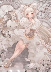  1girl absurdres blunt_bangs blush bow card clothing_cutout couch direction_board dress dress_flower dropping floating_card flower frilled_dress frills full_body gown grey_eyes hair_bow hair_bun hand_up heart_hair_bun high-low_skirt highres juliet_sleeves letter long_hair long_sleeves looking_at_viewer on_couch open_mouth original over-kneehighs puffy_sleeves rose second-party_source shiiro_illust single_over-kneehigh single_thighhigh solo straight_hair striped_clothes striped_thighhighs stuffed_animal stuffed_rabbit stuffed_toy thigh-highs very_long_hair white_dress white_eyes white_flower white_hair white_rose white_theme 