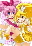  2girls :d ;d bike_shorts blonde_hair blue_eyes boots brooch carrying choker cure_melody cure_peace cure_rhythm double_v dress happy houjou_hibiki jewelry kise_yayoi long_hair magical_girl minamino_kanade multiple_girls no_eyes open_mouth panties pantyshot pink_background pink_hair plaid plaid_background precure princess_carry shorts_under_skirt skirt smile smile_precure! suite_precure underwear v white_panties wink yellow_bike_shorts yellow_dress yellow_eyes yuuma_(artist) yuuma_(skirthike) 